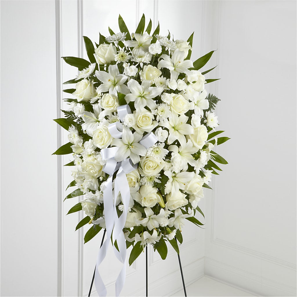 Exquisite Tribute Standing Spray-White Ribbon – EASTON'S FLOWERS, Mount Vernon IL