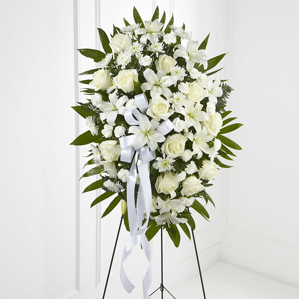 Exquisite Tribute Standing Spray-White Ribbon – EASTON'S FLOWERS, Mount Vernon IL